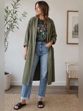 Your Neighbors Linen Blend Coat Olive Green Unlined Jacket Large Minimalist